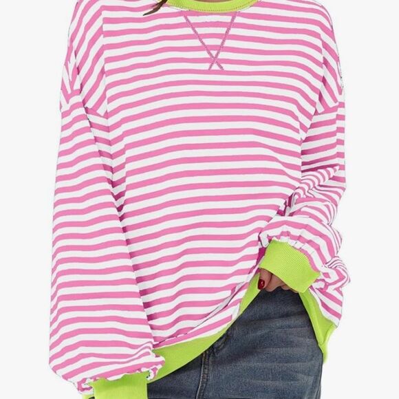 AlvaQ Oversized Color block Striped Sweatshirt 2XL | Casual Comfy Crewneck - Picture 2 of 3
